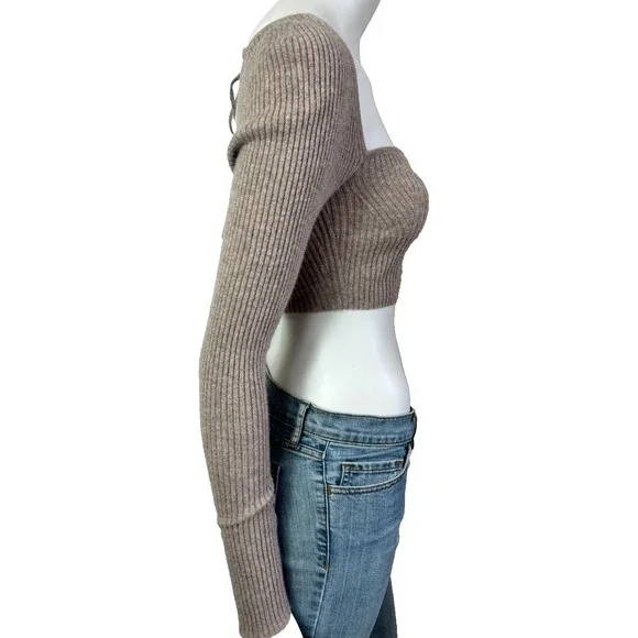 Reformation Aries Cashmere Sweater Women Size Small Oatmeal Cropped Tie Back L/S - Picture 8 of 10